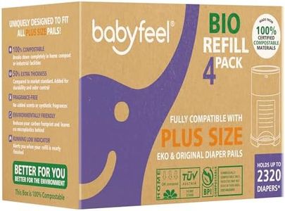 Babyfeel BIO Refills Compatible with DEKOR PLUS Diaper Pails | 100% Compostable | 4 Pack | 50% Extra Thickness | Compost Refill bags with Running Low Indicator | Powerful Odor Control | Fragrance-free