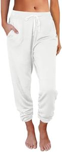 AUTOMET Women‘s High-Waisted Sweatpants with Pockets, Loose Lounge & Pajama Pants for Fall, Winter, Spring Yoga Travel White L