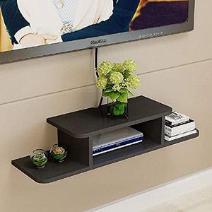 CHARMWUD Wall-Mounted TV Console Shelf | Floating Entertainment Center | Engineered Wood Set Top Box Stand with Dual Storage Racks for TV Accessories, Router & Home Décor (Black Finish)