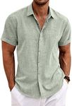 COOFANDY Men's Linen Shirts Short Sleeve Casual Shirts Button Down Shirt for Men Beach Summer Wedding Shirt, Light Green, Medium