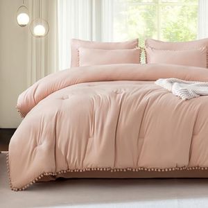 Litanika Comforter Full Size Set Pink,3 Pieces Blush Boho Pom Pom Lightweight Bed Comforter Full,All Season Solid Color Bedding Comforter Sets for Girls (1 Comforter 79x90 Inch, 2 Pillowcases)