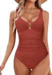 BMJL Women's Tummy Control Swimsuits Ruched Slimming One Piece Bathing Suit Deep V Neck Swimsuit(2XL,Orange)