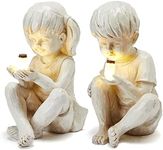 Large Garden Children Statues Light Up Firefly Jar Solar Powered | Set of 2 Figurines | Girl & Boy Garden Yard Art Décor, Indoor & Outdoor Ornament Gifts for Lawn, Patio, 7.5" W x11.8”H Cream