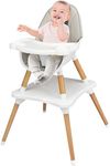 KOTEK 4 in 1 Baby High Chair, Eat & Grow Convertible High Chair w/Removable 4-Position Tray, 5-Point Seat Belt, PU Cushion for Infants, Wooden Baby Eating Chair (Gray)