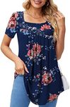 Trendy Square Neck Tunic Tops for Women Short Sleeve T Shirts Fitted Blouses Navy Blue Flower XL