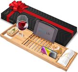 SereneLife Bamboo Bathtub Caddy with Luxury Gift Box and Red Gifting Ribbon Extendable & Adjustable Tray with Device/Book Holder with Removable Trays for Bath Accessories (Natural)