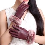 Alexvyan Red Women Wrist Winter Soft and warm Covered Finger Rabbit Fur Gloves/Mittens (Warm, Windproof, Wool) (With Mobile Screen Touch) (Red Leather)