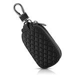 TIESOME Genuine Leather Car Key Case Holder, Universal Auto Key Fob Cover Case Anti Scratch Car Key Protectors Waterproof Vehicle Keyring Zipper Bag with Keychain & Carabiner Car Accessories (Black)