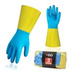 Vgo... Reusable Dishwashing Gloves, Kitchen Gloves For Washing Dishes, Neoprene Cleaning Gloves, Extra Thickness, Long Sleeves Household Gloves(3 Pairs,M, Blue+Yellow,NP2140)