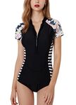 FEOYA Women's Short Sleeve One Piece Swimsuit Front Zip UV Rash Guard Summer Diving Surfing Swimwear Athletic Beach Bathing Suits