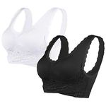 Vertvie Woman 1/3 Pieces Lace Sports Bra Front Closure Cross Wireless Brassiere Medium High Impact Padded Bra for Yoga Fitness Training Running Jogging Exercise Workout Black/White