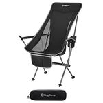 KingCamp Lightweight Padded Highback Folding Lounge Chair with Cupholder, Side Storage Pocket, and Carry Bag for Indoor or Outdoors, Black/Grey