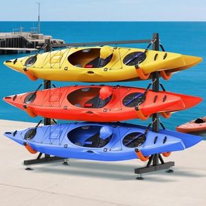 SPECRAFT Freestanding Kayak Storage Rack for 6 Kayaks, Adjustable Width Stand with Stable Base, 12 Elastic Ropes, EVA Tube Sleeves, for Indoor Outdoor Garage