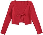 Floerns Women's Tie Front Long Sleeve Rib Knit Shrug Sweaters Cardigan Crop Top Red XS