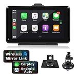 Portable Wireless Apple Carplay Android Auto Car Stereo Radio, 7 Inch HD Touchscreen Multimedia Player Bluetooth Audio Hands Free Calling, Support Mirror Link FM Siri TF Card AUX Input