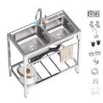 Stainless Steel Sink Free Standing Utility Laundry Outdoor Kitchen Sink with Cold Hot Pipe for Garage, Restaurant, Kitchen, Laundry Room, Outdoor, 36.6" x 17.3"