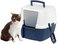 IRIS USA Cat Litter Box, Large Litter Box Enclosure with Front Door Flap and Scoop, Covered Kitty Litter Box with Handle and Buckles for Portability and Privacy, Navy/White