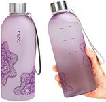 bzyoo 32 OZ 1 Liter Time Marker Water Bottle Frosted Durable Plastic With Strap - Reusable Water Bottle With Times To Drink For Fitness Sports Gym Gifts For Him & Her (Color Mandala Purple)