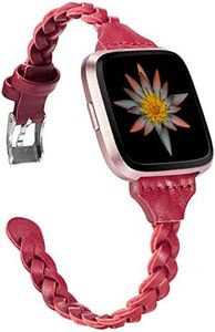 TOYOUTHS Leather Bands Compatible with Fitbit Versa/Versa 2/Versa Lite Watch Bands for Women Slim Handmade Weave Wristband Braided Strap Replacement Bracelet for Versa 2 Special Edition, Wine Red