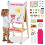 Kids Wooden Easel Double Sided Art Easel with 100+ Pcs Accessories Whiteboard Chalkboard Height Adjustable 95-125cm(37-48.5in) Standing Foldable Drawing Board with Letters Numbers for Toddlers Kids