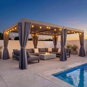 Domi 12x20FT Louvered Pergola Aluminum Structure Outdoor Pergola with Adjustable Roof Patio Pergola for Backyard Garden, Curtains and Netting, Dark Gray