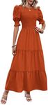 BTFBM Women's Spring Summer Casual Dresses Crew Neck Ruffle Short Sleeve Smocked Tiered Flowy Boho Maxi Dress(Solid Orange, X-Large)