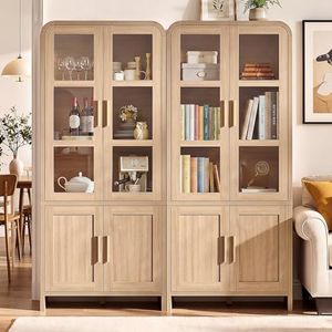 EliteSet 77" Tall Kitchen Pantry Storage Cabinets, Modern Farmhouse Wooden Cabinet with 2 Doors Adjustable Shelf, Unique Curved Profile Pantry Cabinet for Kitchen, Dining Room, Living Room, Oak, 2Pcs