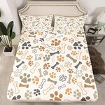 Dog Paw Print Bedding Set Queen Size,Bone Puppy Pets Animal Themed Fitted Sheet,Beige Cute Cartoon Design Mattress Protector with 2 Pillowcases,All Round Elastic Deep Pocket