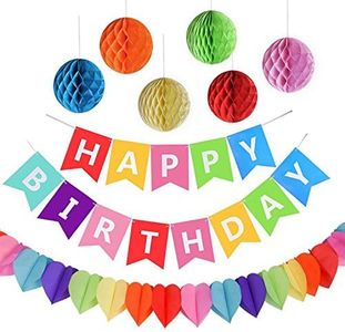 AMEITECH Birthday Party Decorations Favors, Happy Birthday Decoration Banner with 6 Pack Honeycomb Balls and One Rainbow Paper Garland, Party Supplies