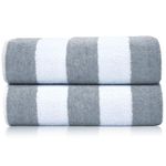 SweetNeedle Beach Towels for Adults Pack of 2 - Silver-White Cabana Striped Classic - 100% Cotton Terry Ringspun Pool Towel, Quick Dry, Super Absorbent Swimming large towel, 100x150 cm