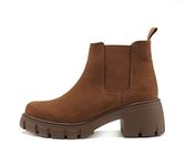 Soda PIONEER ~ Women Lug Sole Mid Heel Chelsea Fashion Ankle Bootie w/Double Elastic Gore, D-chestnut Imit Suede, 5.5 UK