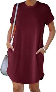 YEXIPO Women's Casual Summer Short Sleeve T Shirt Dress Nightgown Crew Neck Loose Solid Color Basic Dresses with Pockets, Wine Red, XX-Large
