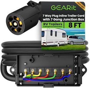 GearIT 7 Way Plug Inline Trailer Cord (8 Feet) with 7 Gang Junction Box - Weatherproof Wiring Harness Cable with Waterproof Junction Box for RV Trailers and Campers - 8Ft