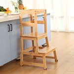 Kids Kitchen Step Stool for Kids with Safety Rail, Solid Wood Construction Toddler Learning Stool Tower,Montessori Kitchen Stool(Natural)