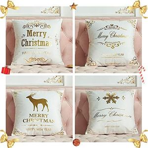 TOLOYE Housse Coussin Noël 4 Pack, Coussin Taie Oreiller De Noël Or Blanc Oreiller Decoratifs Housses De Coussin pour Déco Intérieur Maison Les Voitures Canapés 45 x 45 cm