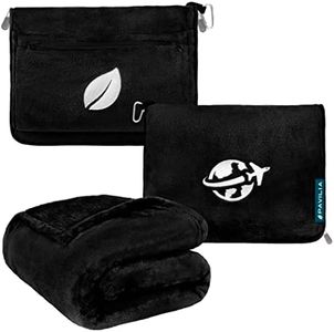 PAVILIA Travel Blanket and Pillow Set, Airplane Blanket Compact 2-in-1 Combo, Travel Essentials for Flying, Portable Blanket for Plane Car, Long Flight International Travel Gift Accessories, Black