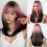 testar Long Ombre Pink Black Wigs For Black Women Straight Pink Brown Wigs With Thick Bangs Cosplay Wigs Colorful Wigs Synthetic Layered Hair Wigs For Daily Use