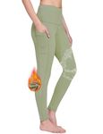 BALEAF Fleece Lined Leggings Women Winter Thermal Warm High Waisted Trousers Water Resistant Insulated Hiking with Pockets Oli Green XL