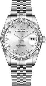BUREI Mens Luxury Automatic Watch Fashion Silver Mechanical Wristwatch Date Display with Stainless Steel Band，All Silver