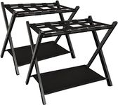 Queension Folding Luggage Rack Stand with Shelf for Guest Room, Foldable Metal Suitcase Storage Caddy Holder for Bedroom Hotel Essentials, Black, 2pack