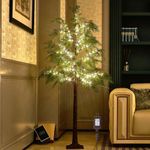 Hairui Pre Lit Christmas Pine Tree 195 Fairy Lights 6FT Plug in, Lighted Faux Cypress Tree with Red Berry for Indoor Outdoor Home and Holiday Decoration