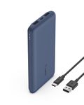 Belkin 10000mAh portable power bank, 10K USB-C portable charger with 1 USB-C port and 2 USB-A ports, battery pack for up to 15W charging for iPhone, Samsung Galaxy, AirPods, iPad, and more - Blue