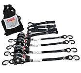 Mytee Products 1'' x 12' Retractable Ratchet Straps Kit with Safety Lock S Hook, 4 Soft Loops & Storage Bag - Self Ratcheting Tie Down Strap with 500 lbs WLL for Boat, Jet Ski, ATVs, Bikes