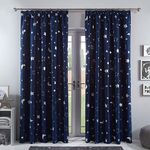 Dreamscene Galaxy Star Thermal Blackout Curtains Pair of Pencil Pleat Metallic Moon Panels - Navy Blue - 66" x 72"