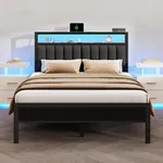 Furnulem Queen Size Bed Frame with Charging Station and LED Lights, Platform Bed with Metal Slats, Grey Upholstered Headboard with 2-Tier Storage Shelves, No Box Spring Needed