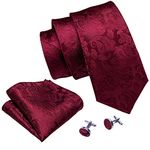 Barry.Wang Mens Ties and Pocket Square Cufflinks Silk Necktie Set Paisley, One Size, Burgundy