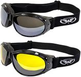 Global Vision 2 Pair Eliminator Padded Motorcycle Riding Goggles ANSI Z87.1 Anti-Fog Black Frames Flash Mirror & Yellow Mirror Lenses