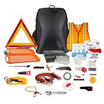 72 HRS Deluxe Backpack Car Safety Kit or Auto Roadside Emergency Assistance including Traction Mat, Jumper Cables, Hammer, Water & Food Rations, First Aid, Tow Rope, Reflective Warning Triangle(Black)