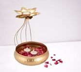 Dominque Metal Lotus Design Tealight Candle Holder with Base of Urli Bowl, Home Decor, Tabletop, Diwali Gift Items 10 Inch Height (Gold)