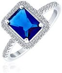 3CT AAA CZ Pave Band Rectangle Solitaire Halo Blue Simulated Sapphire Emerald Cut Engagement Ring For Women .925 Sterling Silver